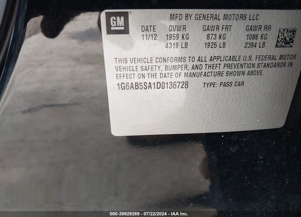 2013 CADILLAC ATS LUXURY VIN: 1G6AB5SA1D0136728