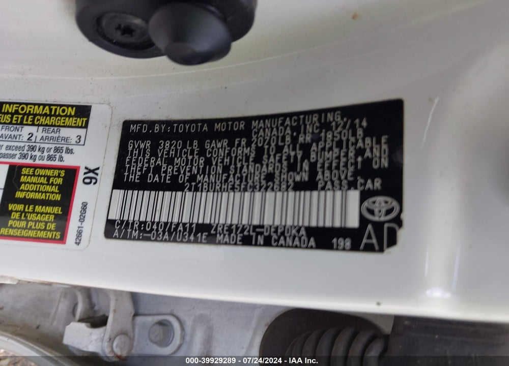 2015 TOYOTA COROLLA L VIN: 2T1BURHE5FC322682