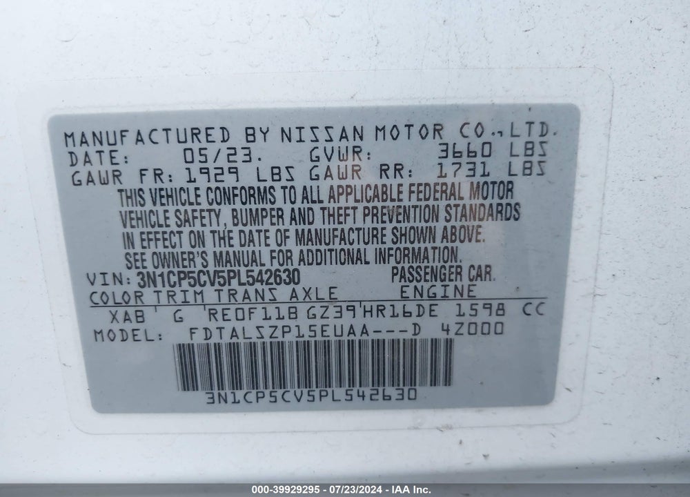 2023 NISSAN KICKS SV XTRONIC CVT VIN: 3N1CP5CV5PL542630