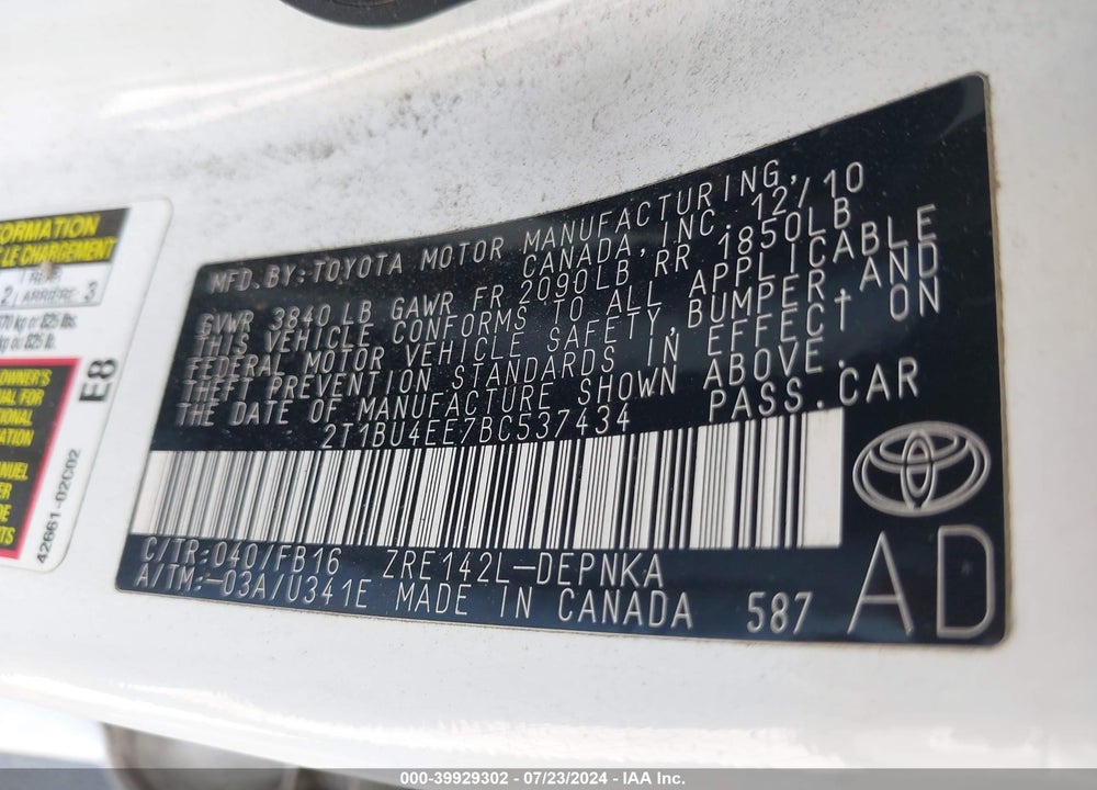 2011 TOYOTA COROLLA LE VIN: 2T1BU4EE7BC537434