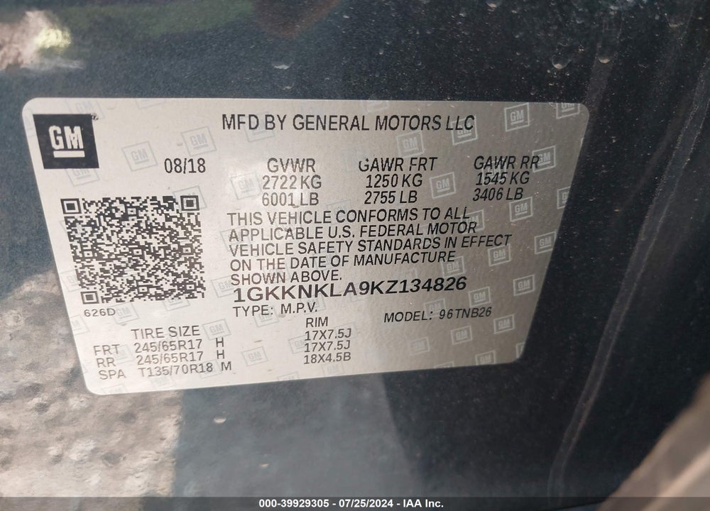2019 GMC ACADIA SLE-1 VIN: 1GKKNKLA9KZ134826
