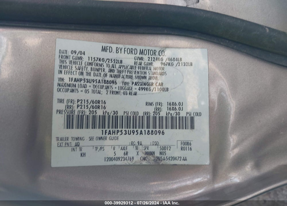 2005 FORD TAURUS SE VIN: 1FAHP53U95A188096