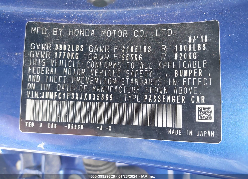 2018 HONDA CIVIC EX-T VIN: JHMFC1F3XJX035869