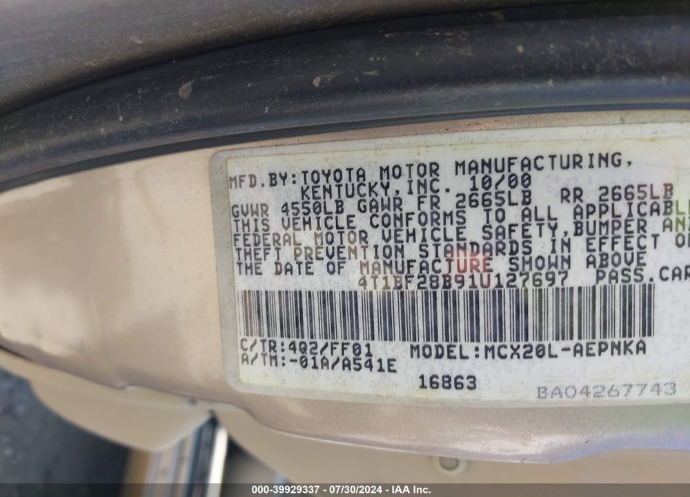 2001 TOYOTA AVALON XL VIN: 4T1BF28B91U127697