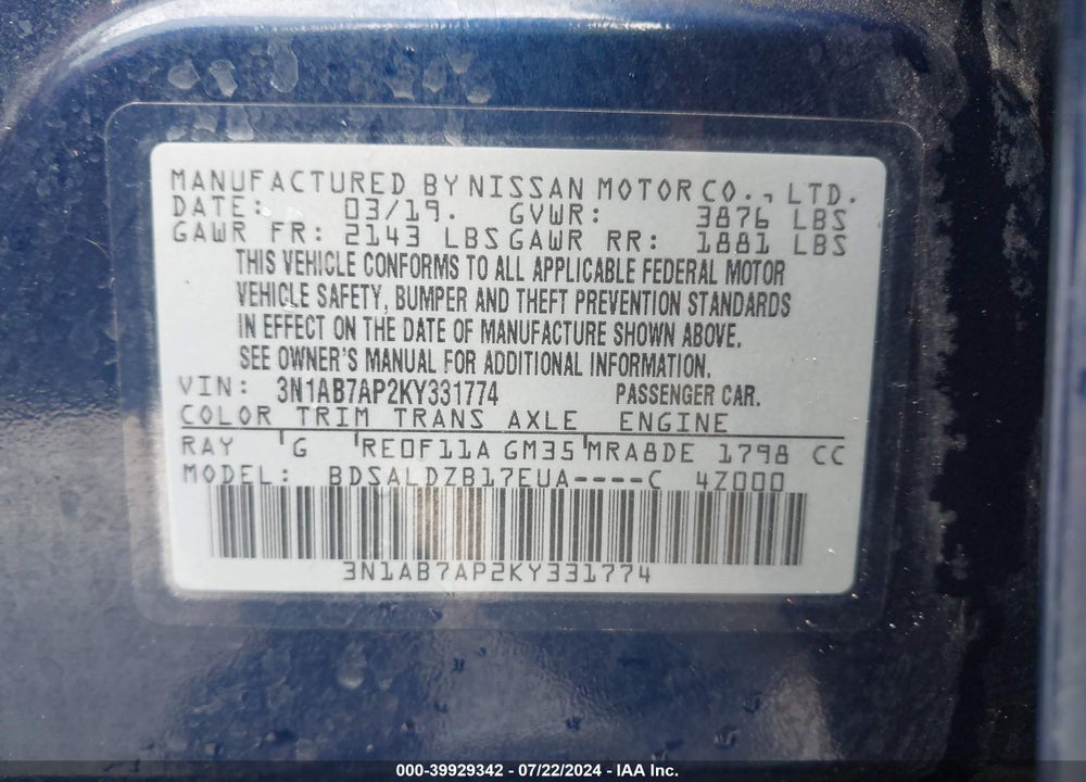 2019 NISSAN SENTRA VIN: 3N1AB7AP2KY331774