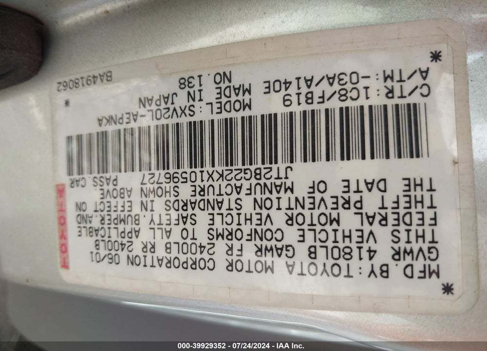 2001 TOYOTA CAMRY LE VIN: JT2BG22KX10596727
