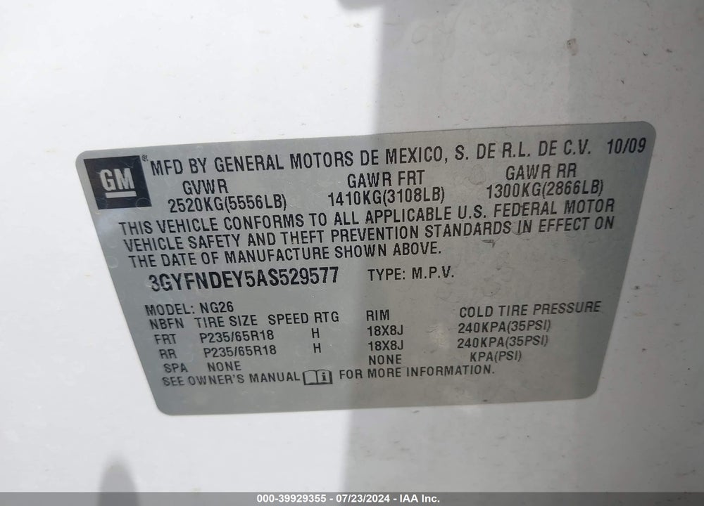 2010 CADILLAC SRX LUXURY COLLECTION VIN: 3GYFNDEY5AS529577