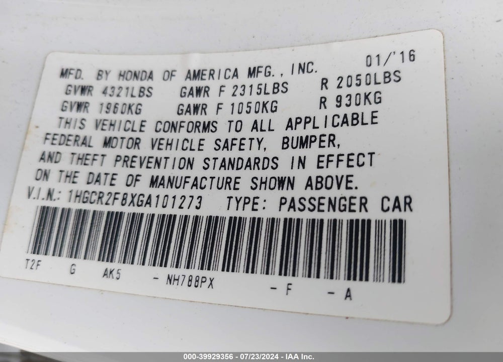 2016 HONDA ACCORD EX-L VIN: 1HGCR2F8XGA101273