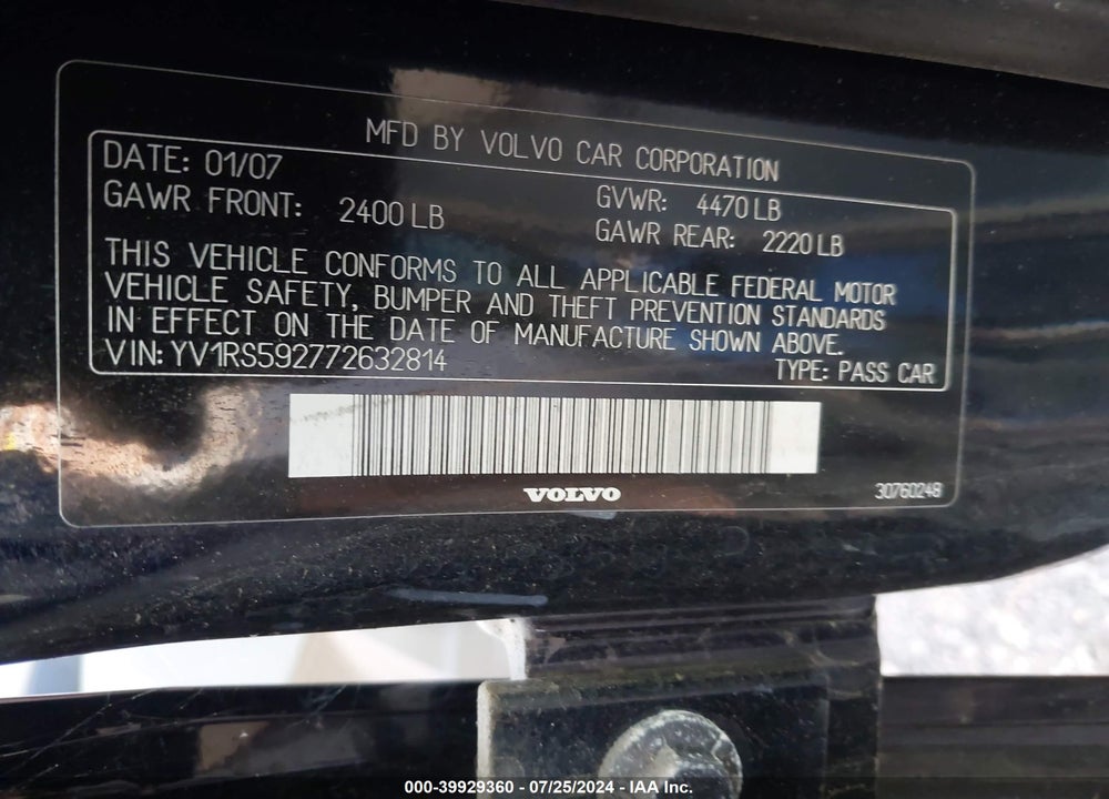 2007 VOLVO S60 2.5T VIN: YV1RS592772632814