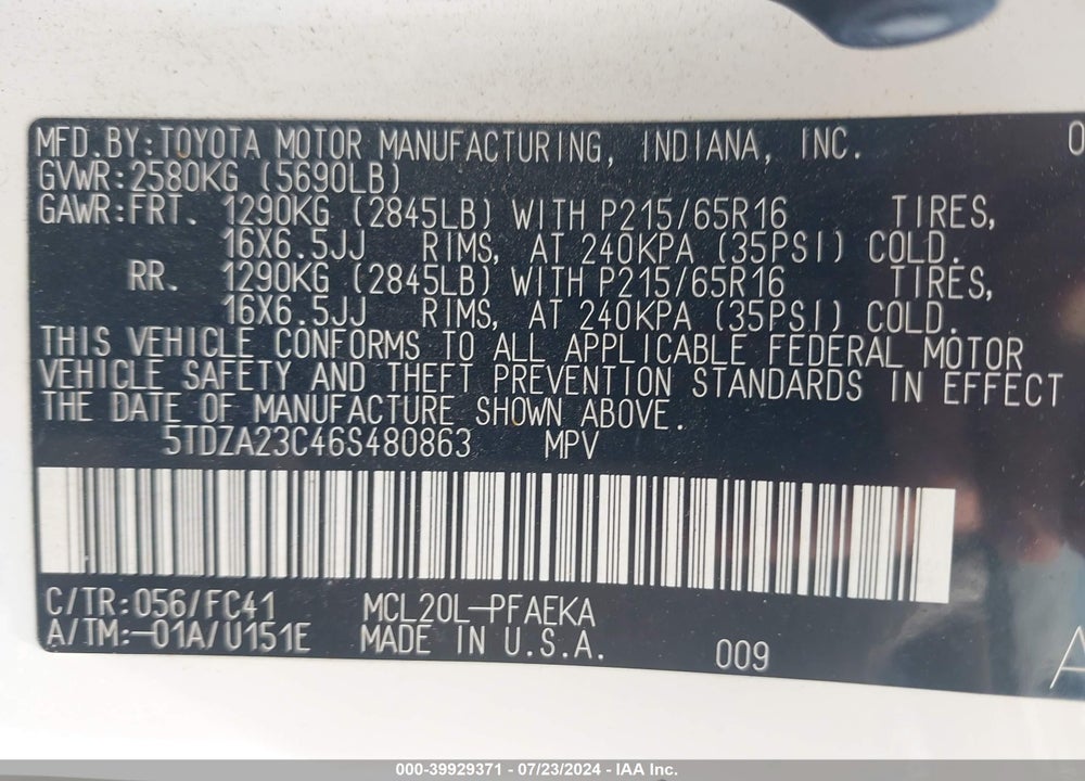 2006 TOYOTA SIENNA LE VIN: 5TDZA23C46S480863