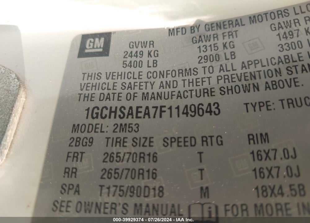 2015 CHEVROLET COLORADO WT VIN: 1GCHSAEA7F1149643