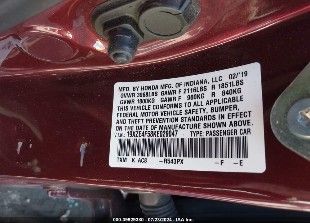 2019 HONDA INSIGHT EX VIN: 19XZE4F58KE029047