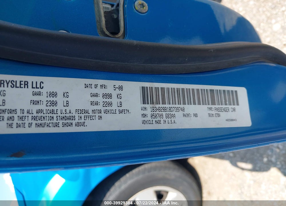 2008 DODGE CALIBER SE VIN: 1B3HB28B18D739740