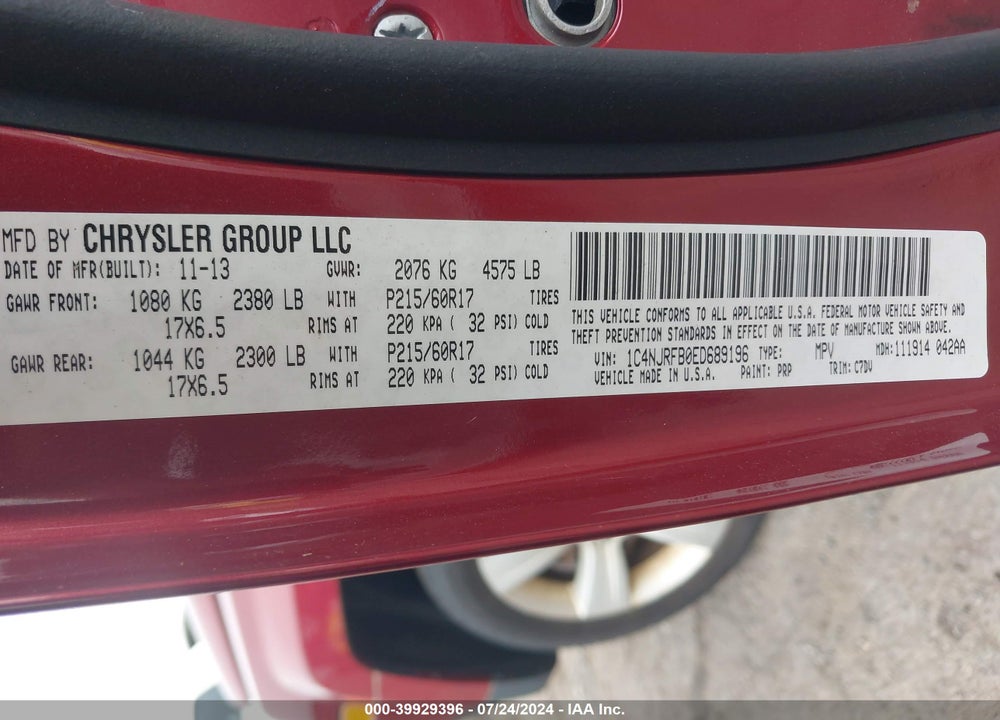 2014 JEEP PATRIOT LATITUDE VIN: 1C4NJRFB0ED689196