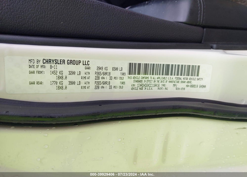 2012 DODGE DURANGO CREW VIN: 1C4RDHDGXCC118416