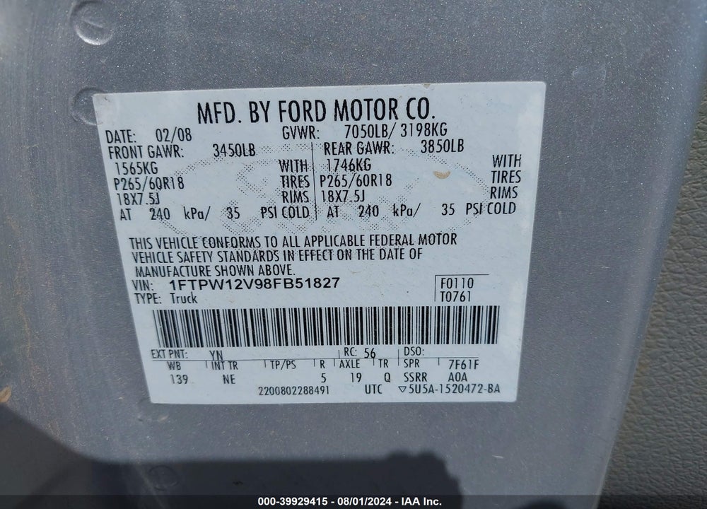 2008 FORD F-150 60TH ANNIVERSARY/FX2/KING RANCH/LARIAT/XLT VIN: 1FTPW12V98FB51827
