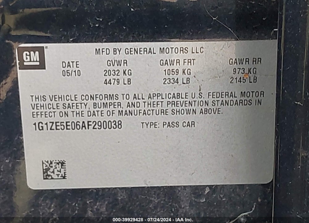 2010 CHEVROLET MALIBU LTZ VIN: 1G1ZE5E06AF290038