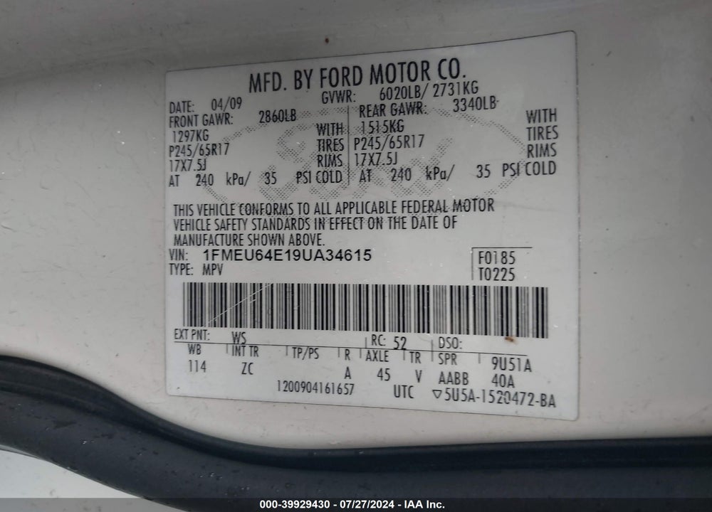 2009 FORD EXPLORER EDDIE BAUER VIN: 1FMEU64E19UA34615