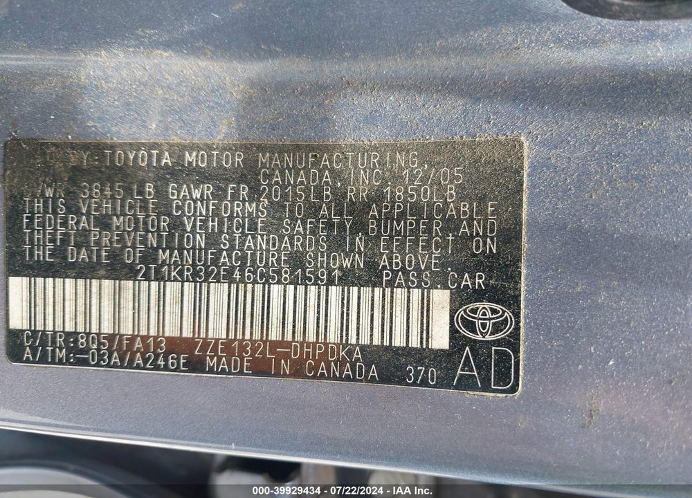 2006 TOYOTA MATRIX VIN: 2T1KR32E46C581591
