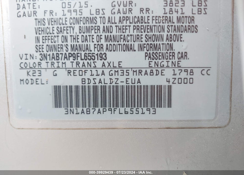 2015 NISSAN SENTRA VIN: 3N1AB7AP9FL655193