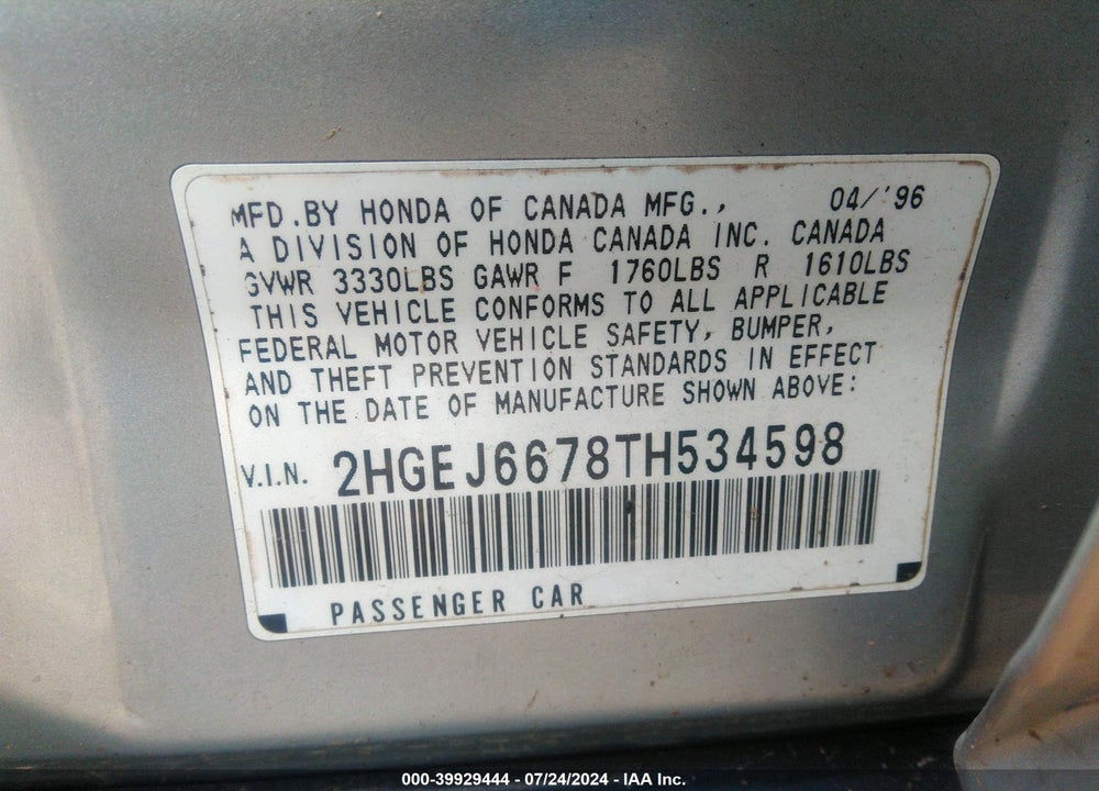 1996 HONDA CIVIC LX VIN: 2HGEJ6678TH534598