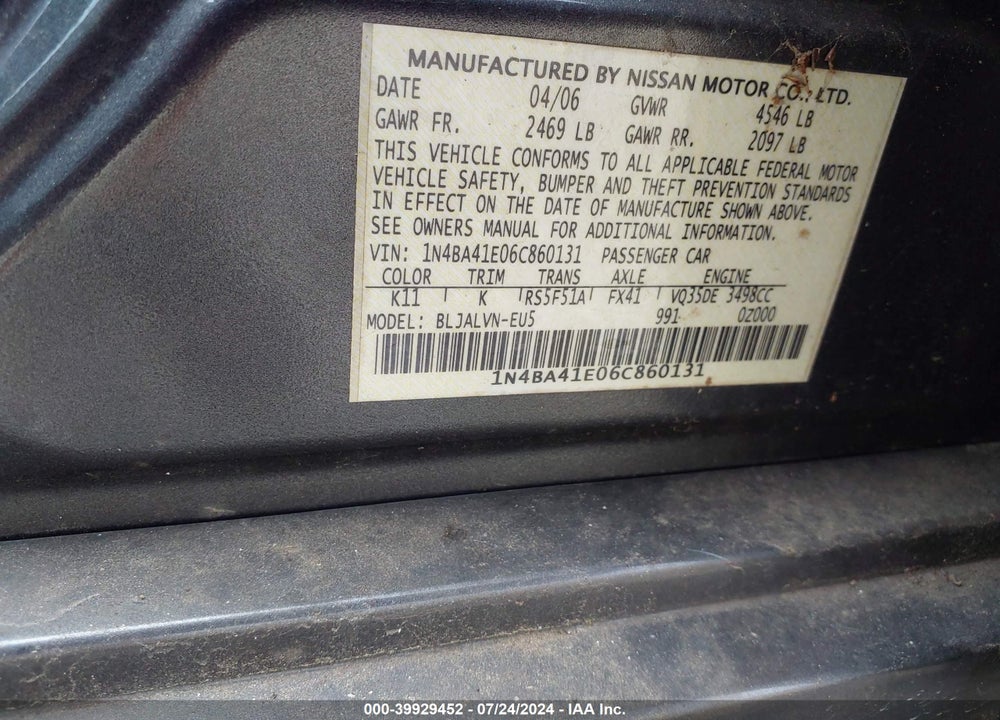 2006 NISSAN MAXIMA 3.5 SE VIN: 1N4BA41E06C860131