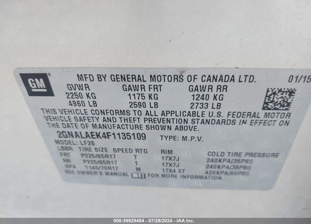 2015 CHEVROLET EQUINOX LS VIN: 2GNALAEK4F1135109