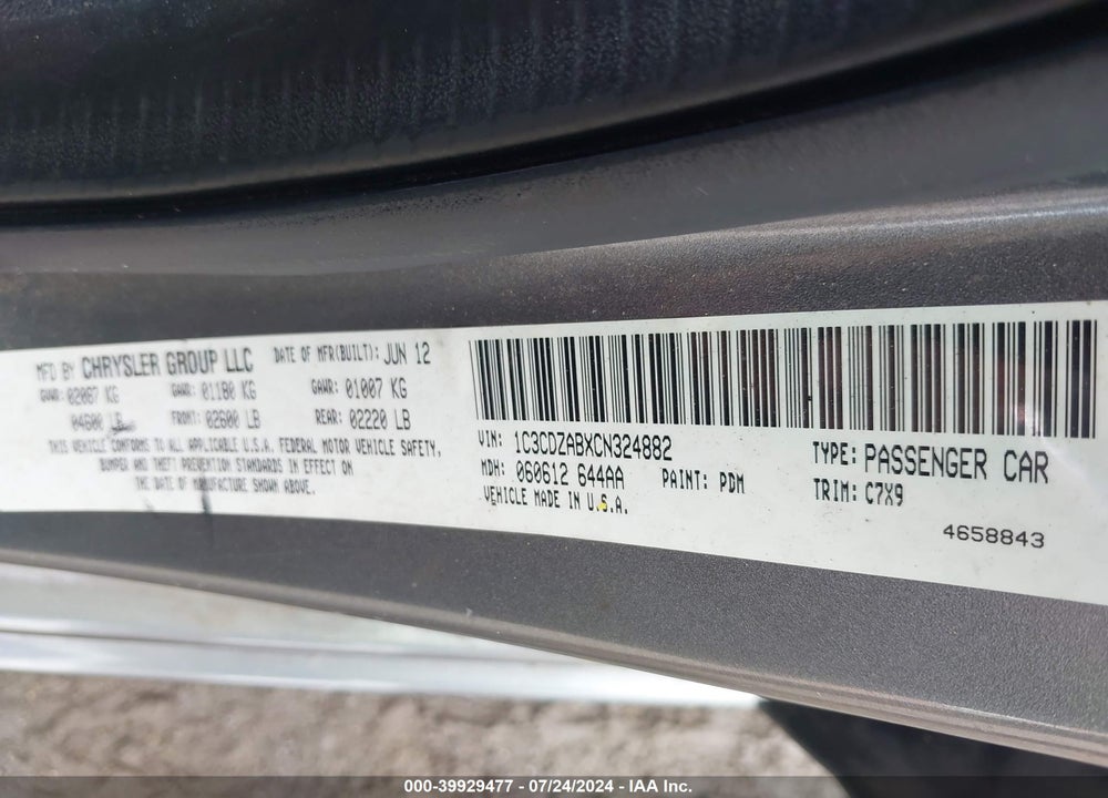 2012 DODGE AVENGER SE VIN: 1C3CDZABXCN324882