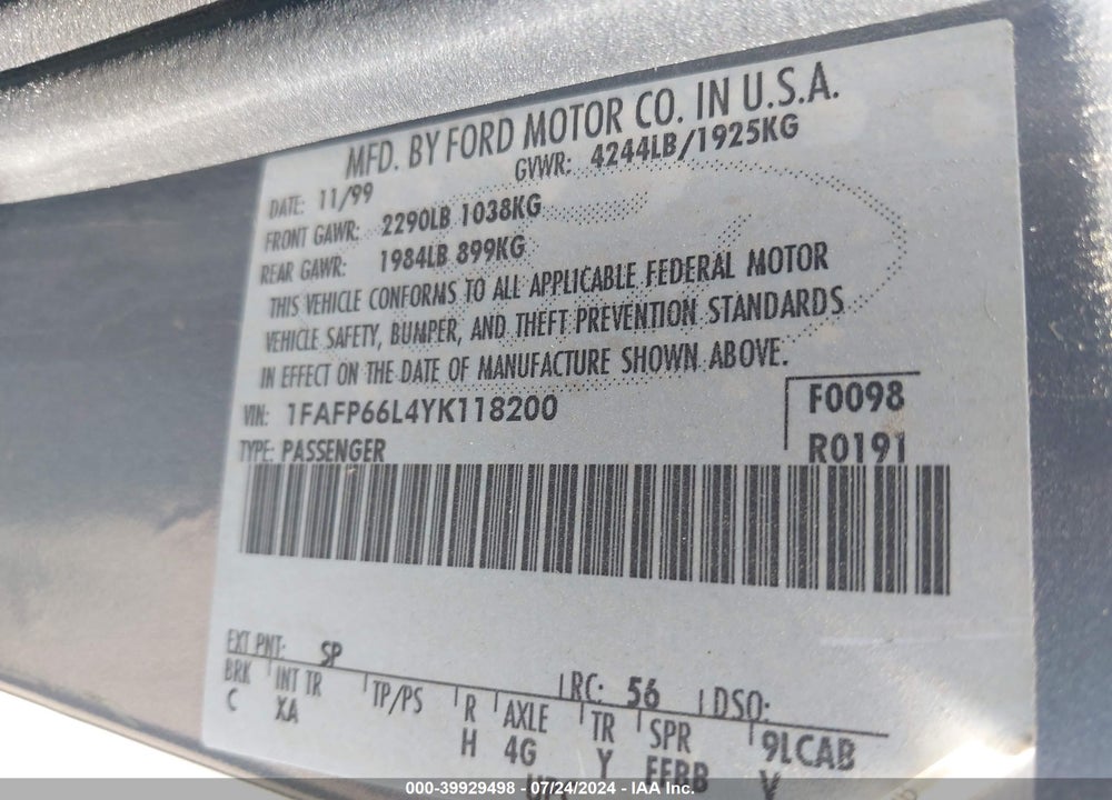 2000 FORD CONTOUR SE SPORT VIN: 1FAFP66L4YK118200