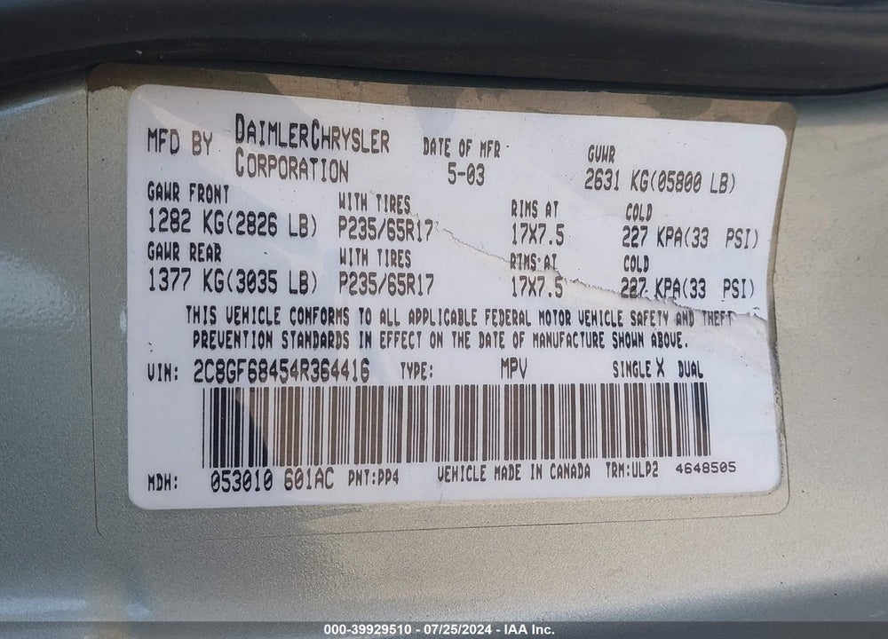 2004 CHRYSLER PACIFICA VIN: 2C8GF68454R364416