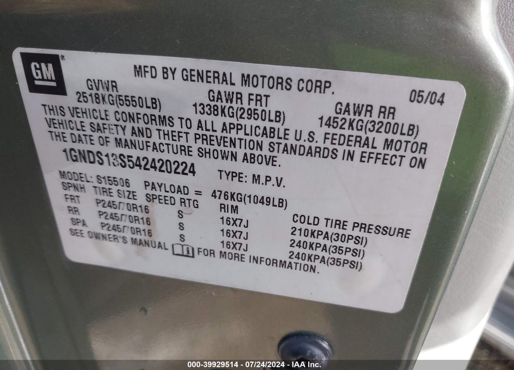 2004 CHEVROLET TRAILBLAZER LS VIN: 1GNDS13S542420224