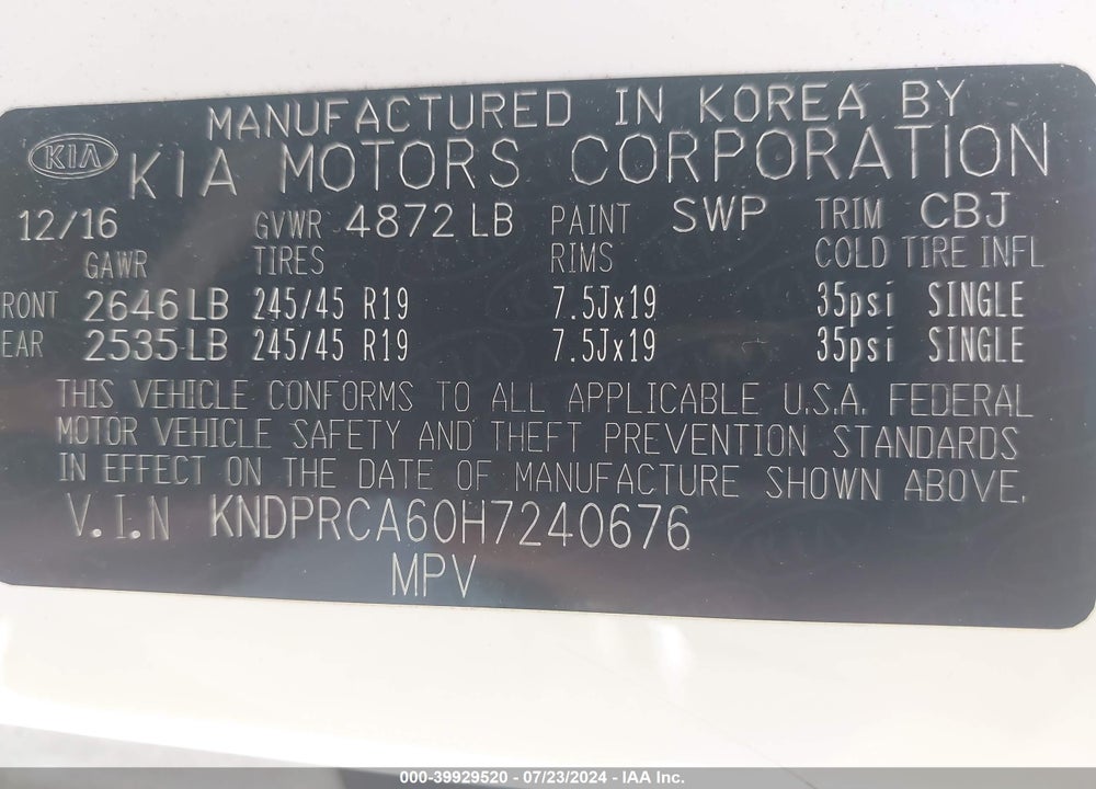 2017 KIA SPORTAGE SX TURBO VIN: KNDPRCA60H7240676