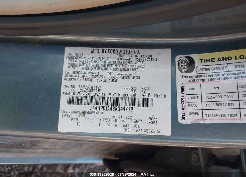2011 FORD FUSION SEL VIN: 3FAHP0JA4BR344719