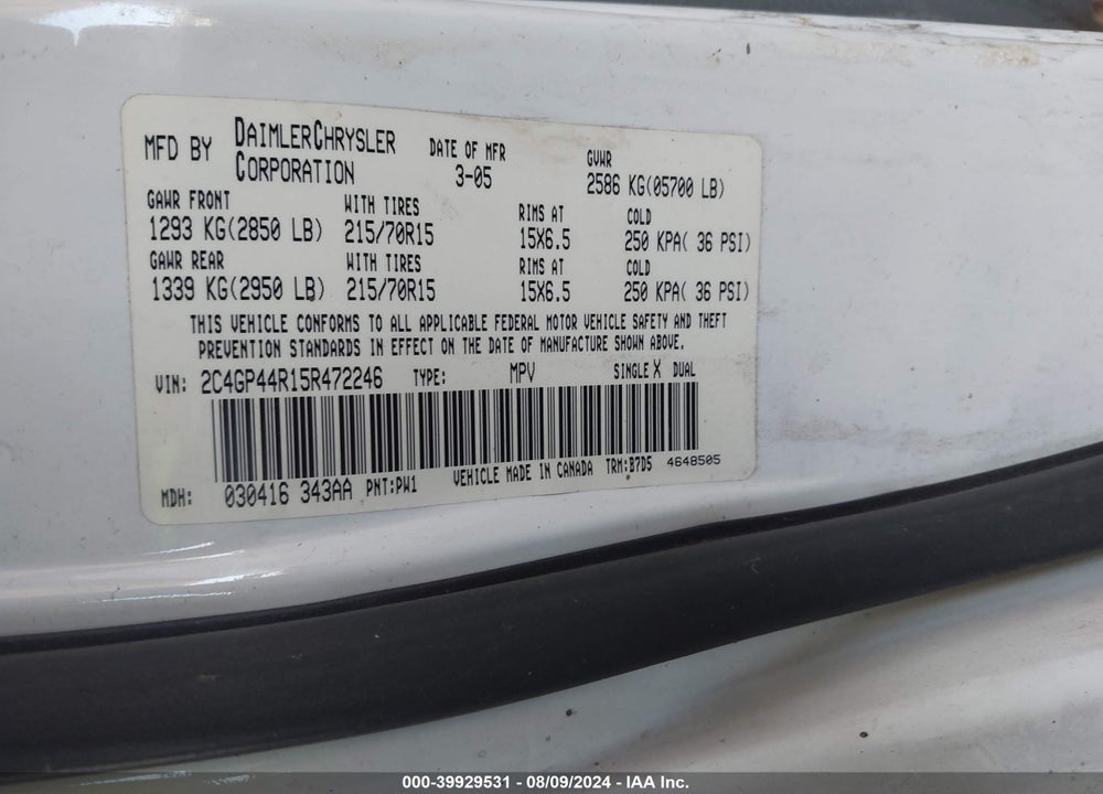2005 CHRYSLER TOWN & COUNTRY LX VIN: 2C4GP44R15R472246