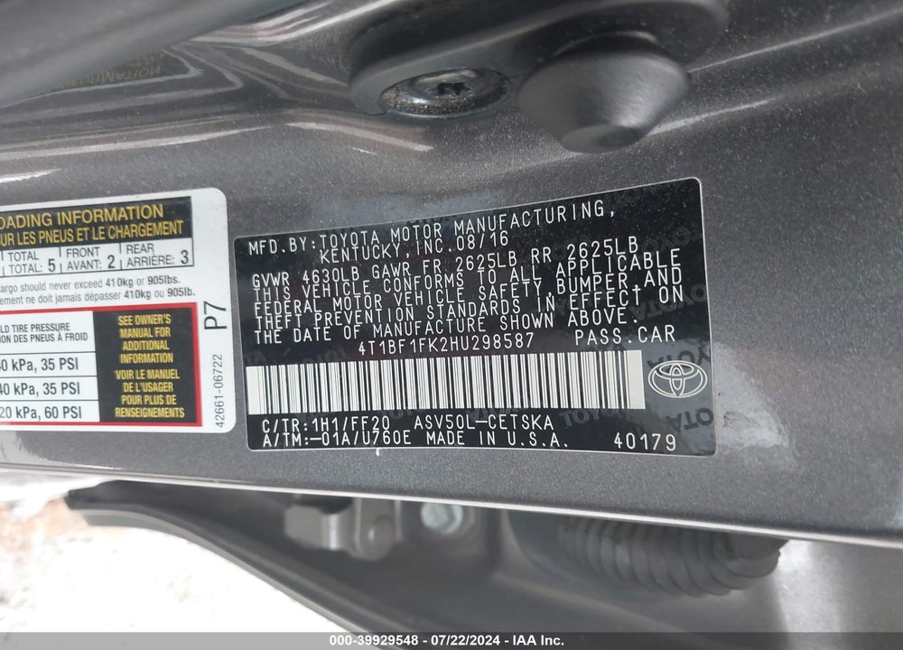 2017 TOYOTA CAMRY SE VIN: 4T1BF1FK2HU298587