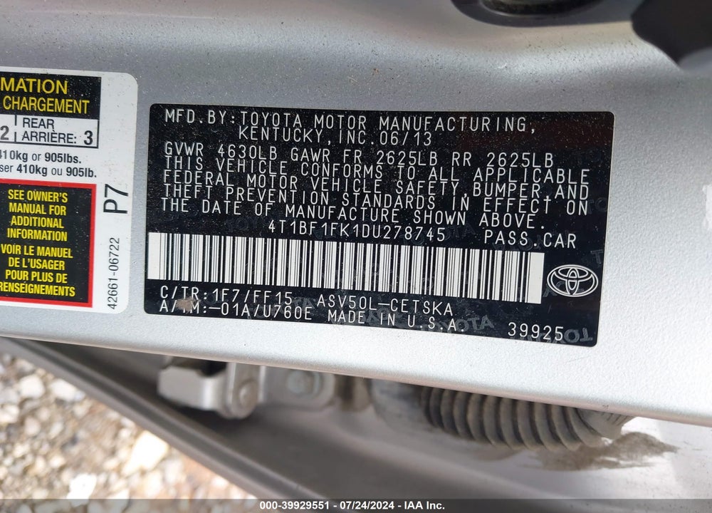 2013 TOYOTA CAMRY SE VIN: 4T1BF1FK1DU278745