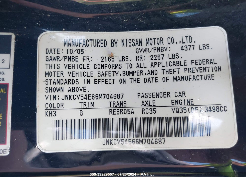 2006 INFINITI G35 VIN: JNKCV54E66M704687
