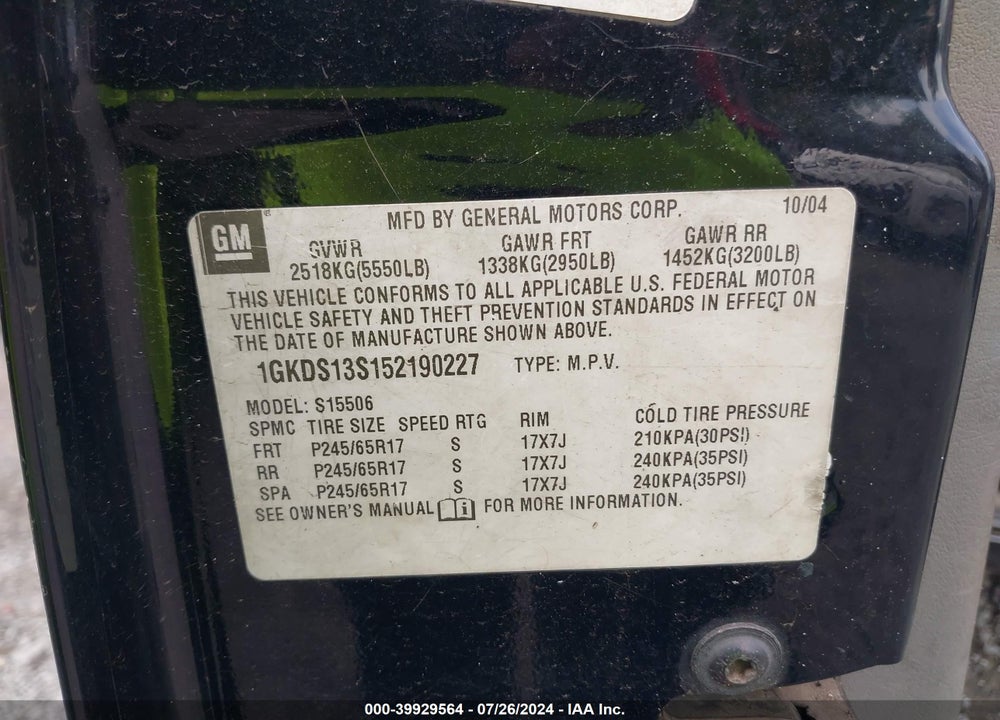 2005 GMC ENVOY SLE VIN: 1GKDS13S152190227