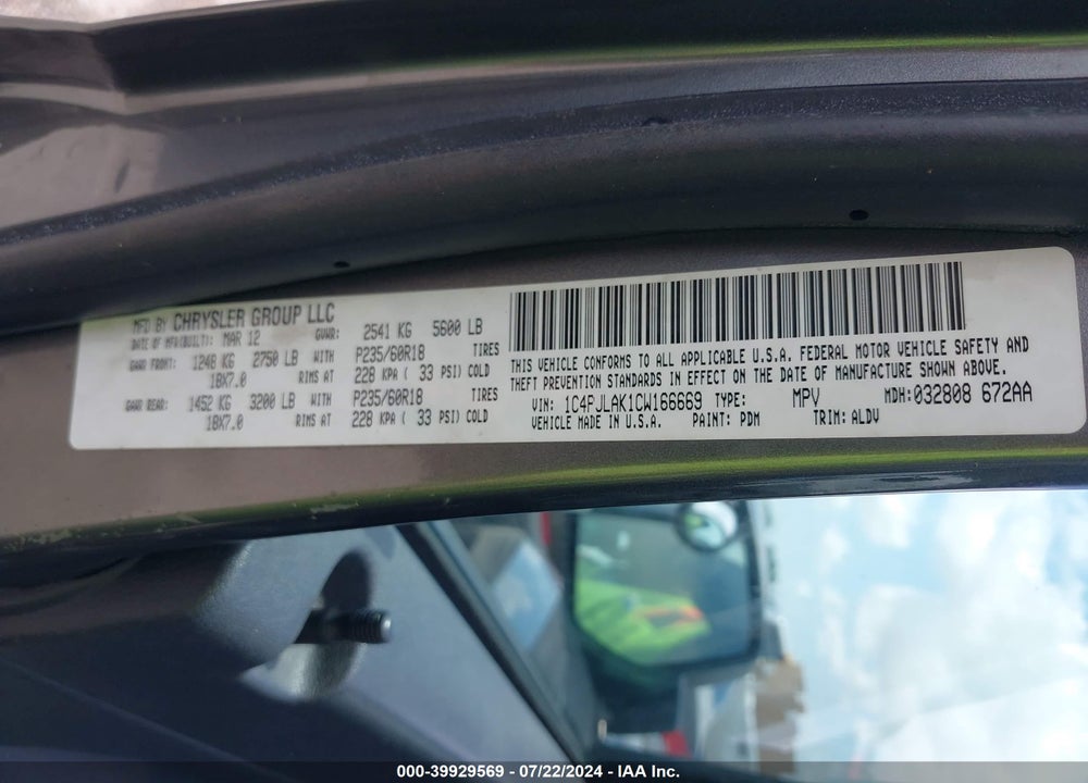 2012 JEEP LIBERTY SPORT VIN: 1C4PJLAK1CW166669