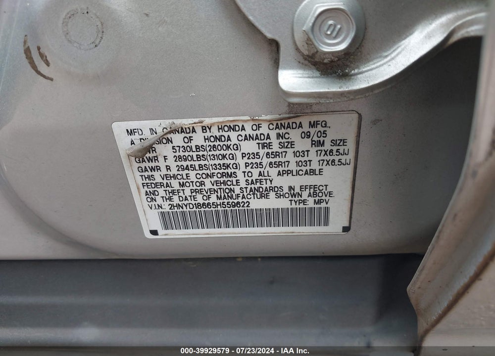 2005 ACURA MDX VIN: 2HNYD18665H559622