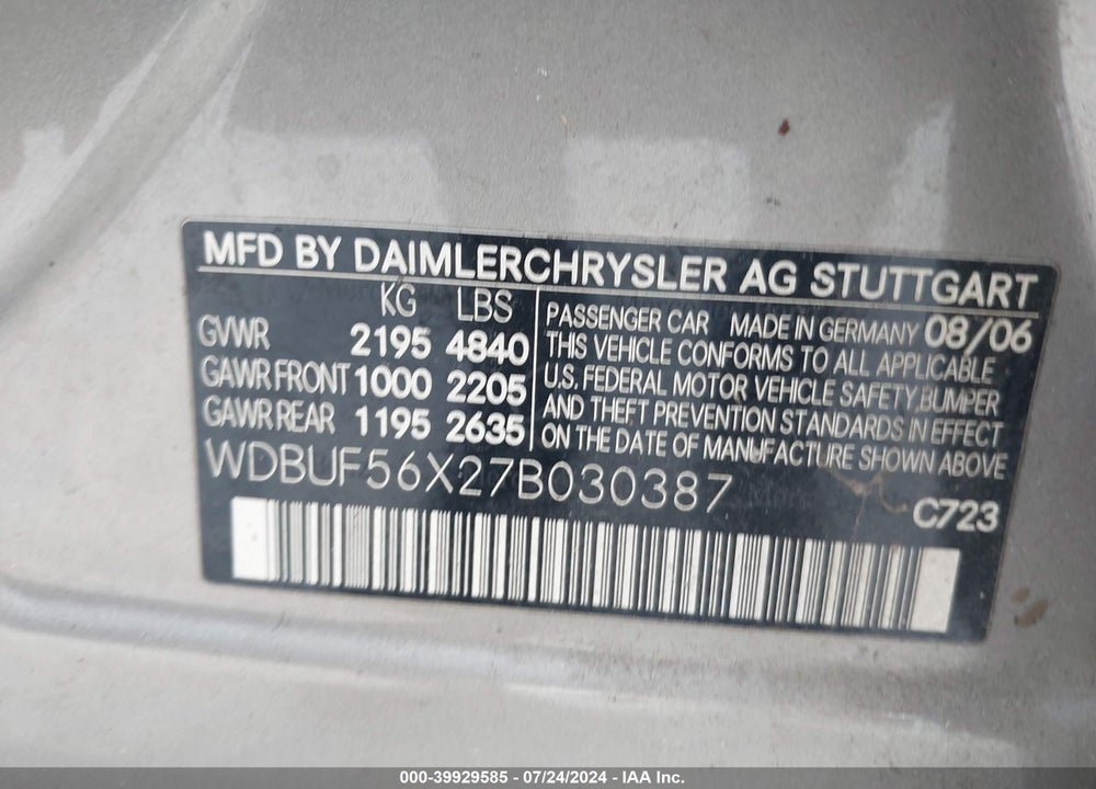 2007 MERCEDES-BENZ E 350 VIN: WDBUF56X27B030387