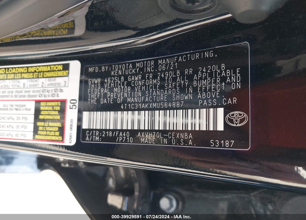 2021 TOYOTA CAMRY LE HYBRID VIN: 4T1C31AKXMU564887