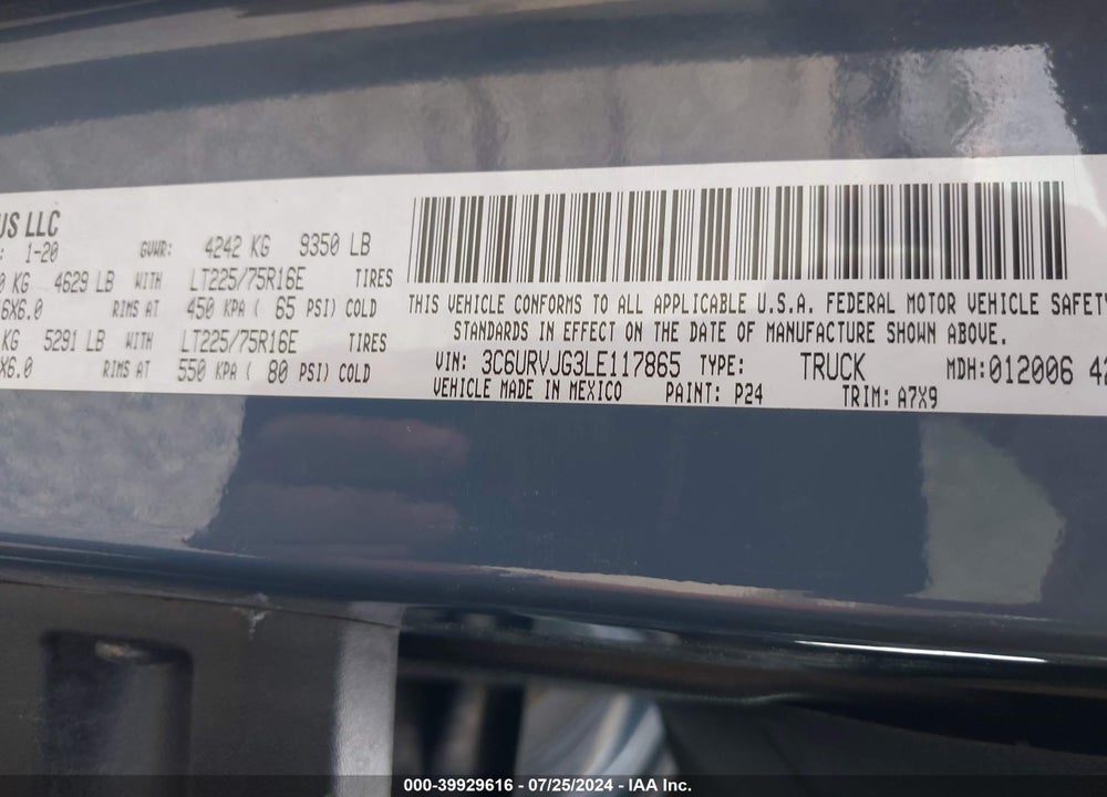 2020 RAM PROMASTER 3500 CARGO VAN HIGH ROOF 159 WB EXT VIN: 3C6URVJG3LE117865