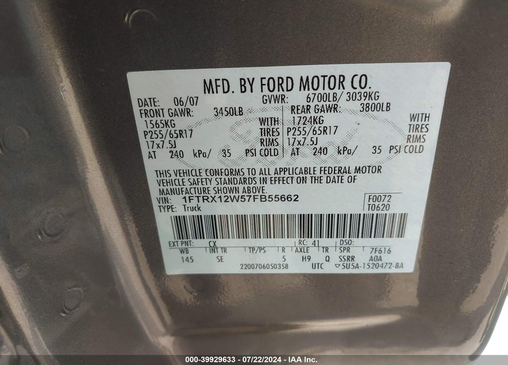2007 FORD F-150 STX/XL/XLT VIN: 1FTRX12W57FB55662