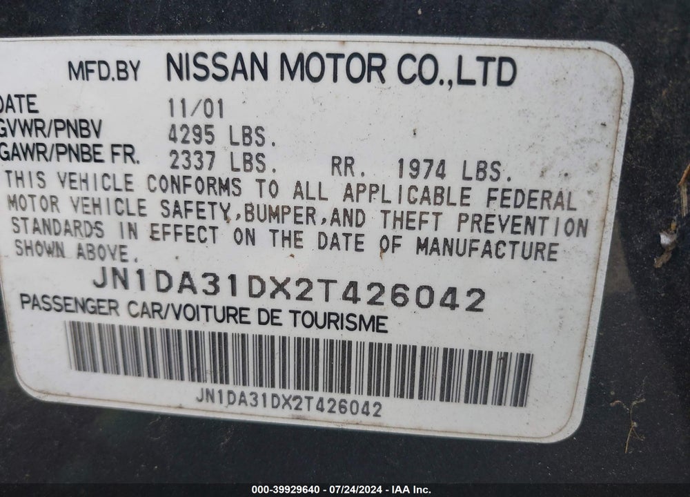 2002 NISSAN MAXIMA SE VIN: JN1DA31DX2T426042