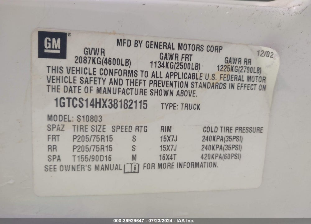 2003 GMC SONOMA SL VIN: 1GTCS14HX38182115