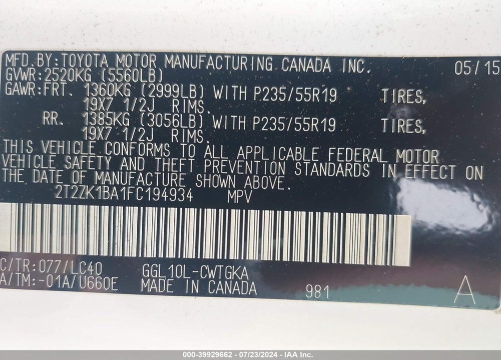 2015 LEXUS RX 350 VIN: 2T2ZK1BA1FC194934