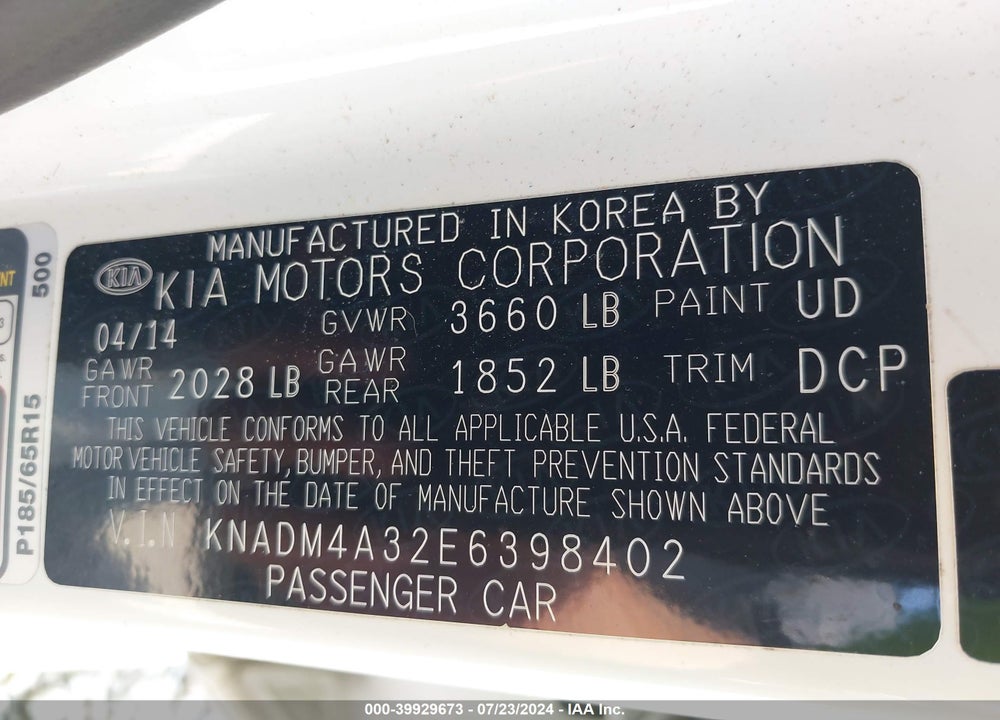 2014 KIA RIO LX VIN: KNADM4A32E6398402