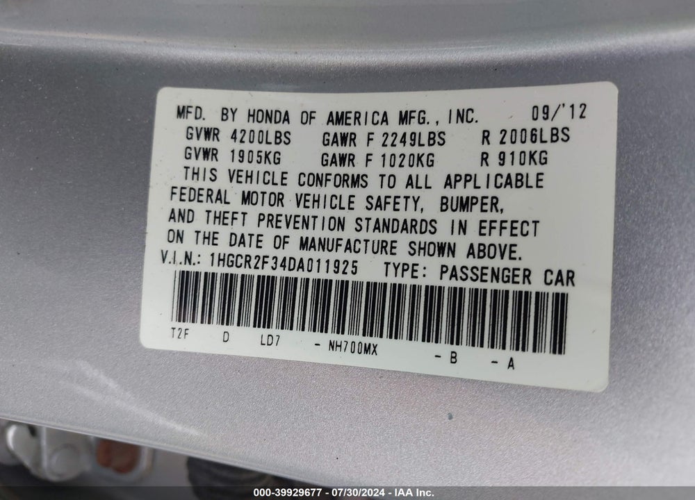 2013 HONDA ACCORD LX VIN: 1HGCR2F34DA011925