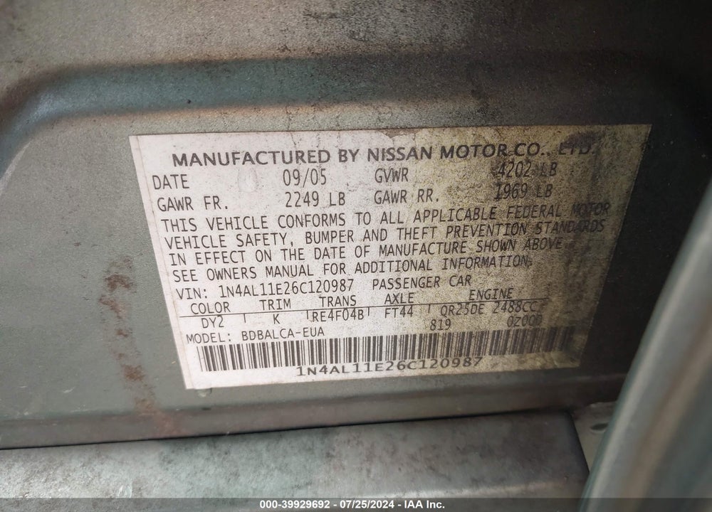 2006 NISSAN ALTIMA VIN: 1N4AL11E26C120987